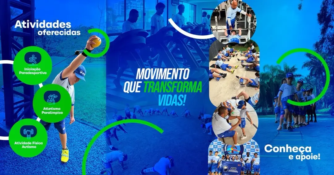 Atividades oferecidas pela APADI Joinville: iniciação paradesportiva, atletismo paralímpico e atividade física para autismo